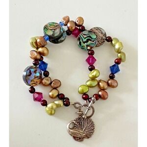 Sterling Silver Peacock Charm Bracelet Iridescent Genuine Pearl Abalone Shell